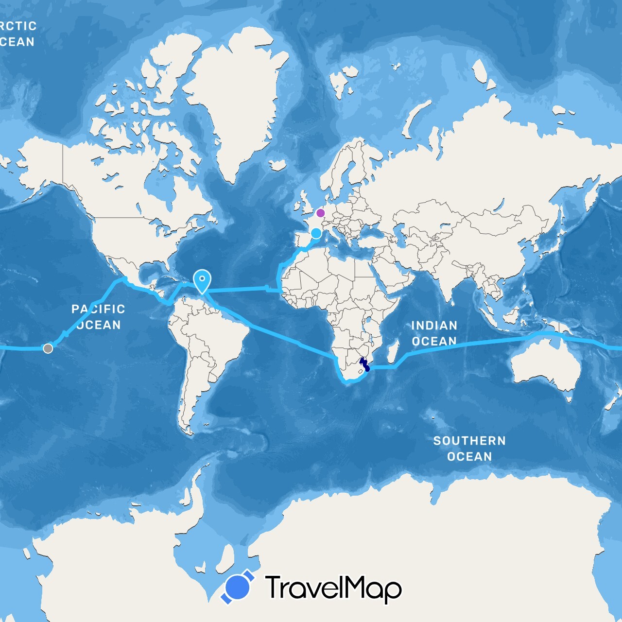 TravelMap itinerary: driving, plane, train, boat in Belgium, Costa Rica, Cape Verde, Dominican Republic, Spain, Fiji, France, Grenada, French Guiana, Gibraltar, Haiti, Morocco, Mexico, Namibia, Panama, French Polynesia, Saint Helena, Senegal, El Salvador, South Africa (Africa, Europe, North America, Oceania, South America)